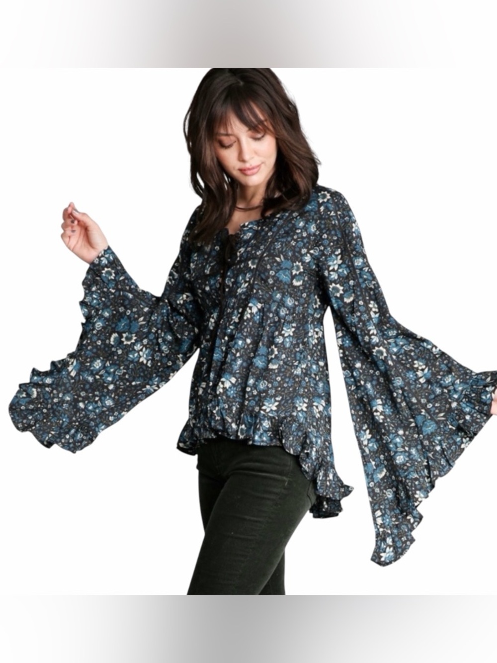 Raga for Anthropologie Eloise Blouse Floral Print Bell Sleeves Size S NWT